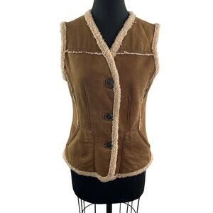 WERNER CHRIST Leather Brown Beige Winter Vest V-Neck Shearling Button Front 38